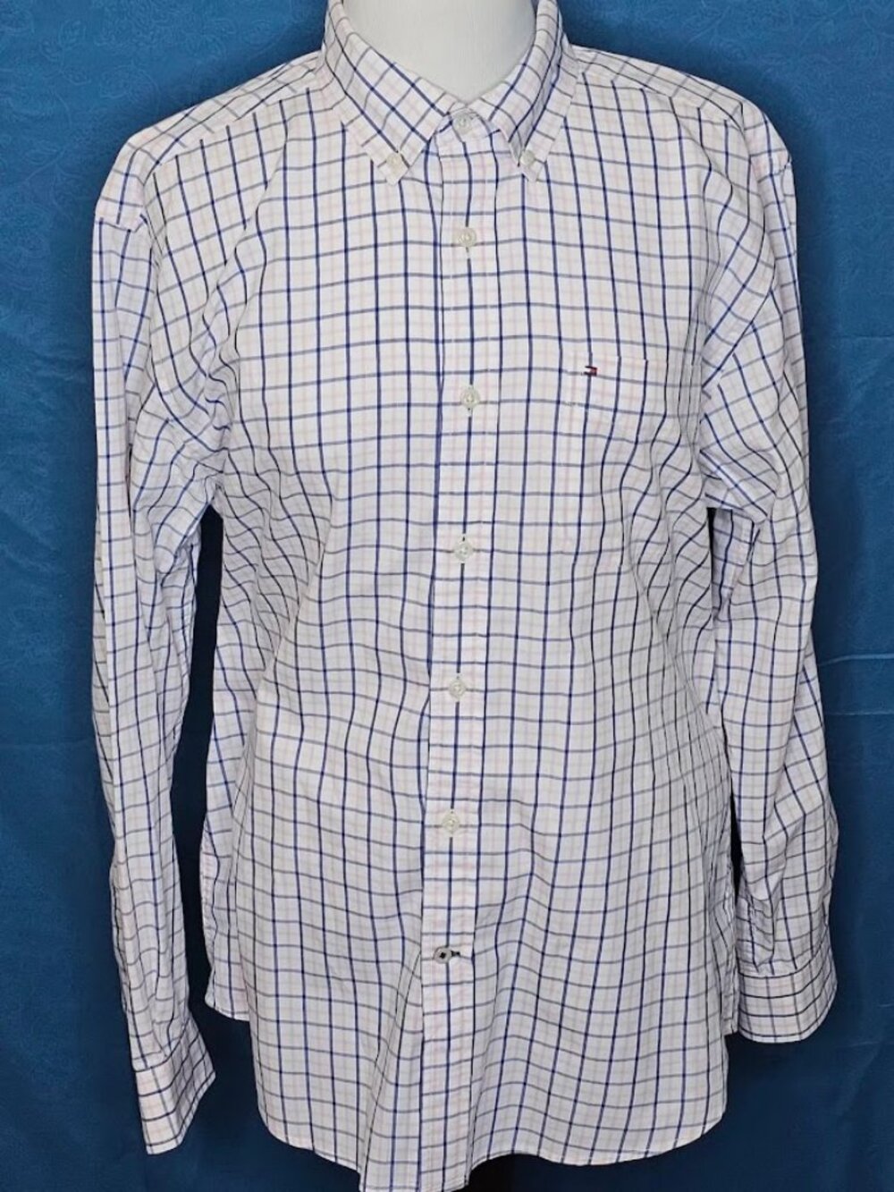 Tommy Hilfiger Plaid Men's Pink & Blue Long Sleeve Button-up Shirt - Large